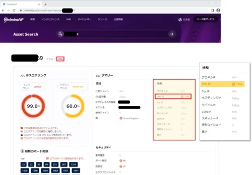 VPNとして利用されるIPアドレスをCriminal IP IT資産検索で照会した結果