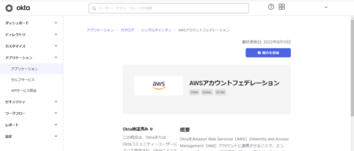 Okta Workforce Identity 管理画面、アプリケーションカタログで AWSアカウントフェデレーションを選択した画面