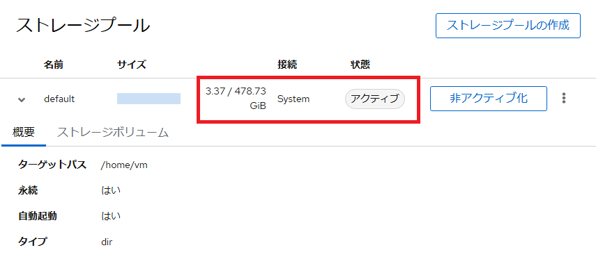 ストレージプールを有効化した後の表示