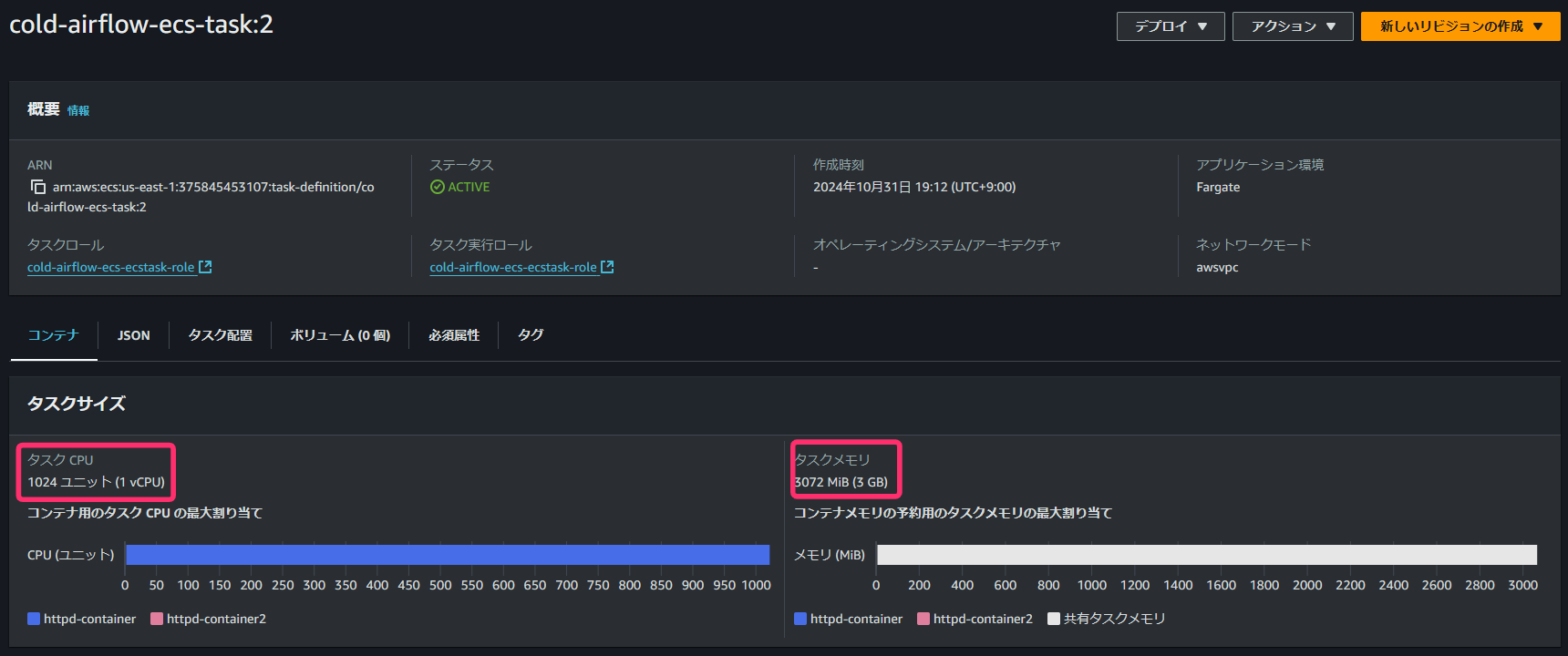 タスク定義 リビジョン2のCPUとメモリ