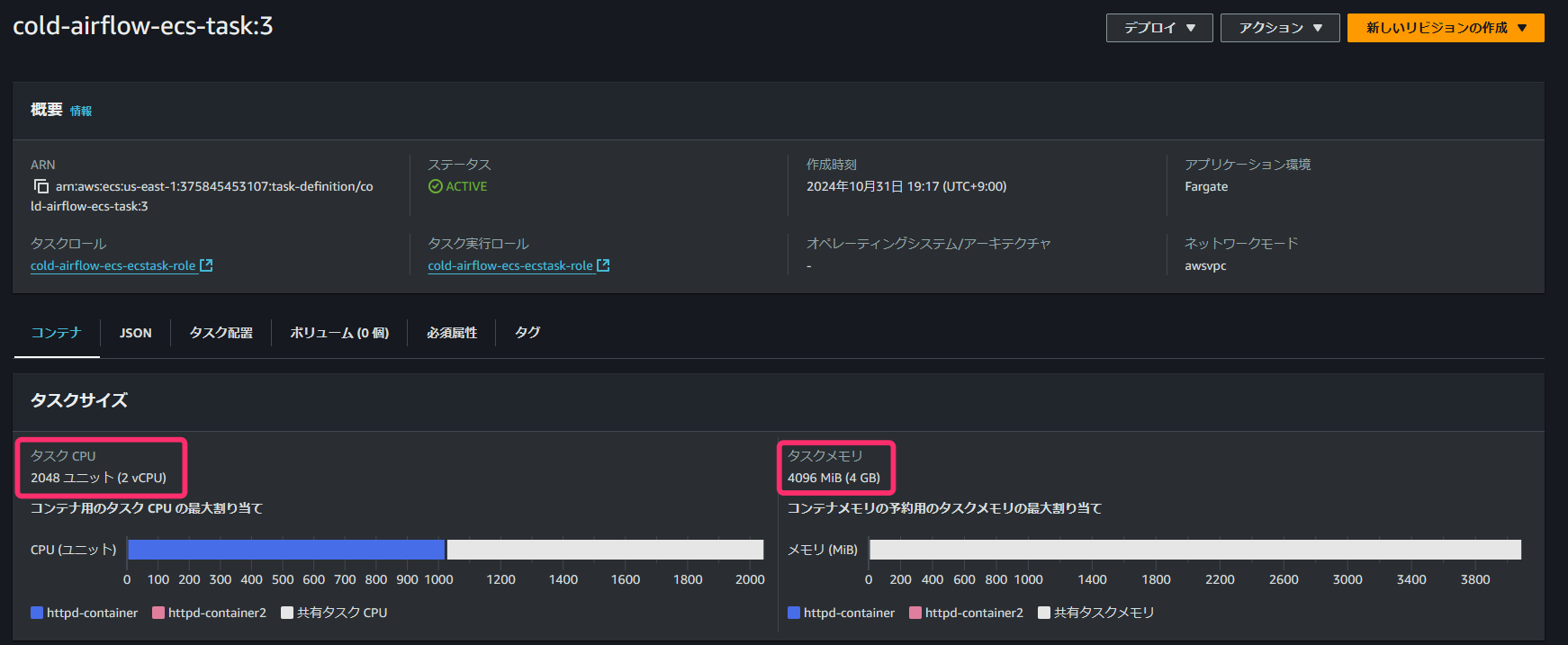 タスク定義 リビジョン3 CPUとメモリ