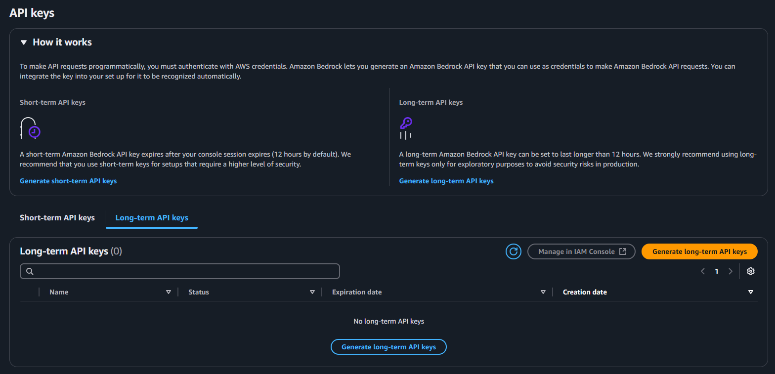 Amazon Bedrock API キー管理画面