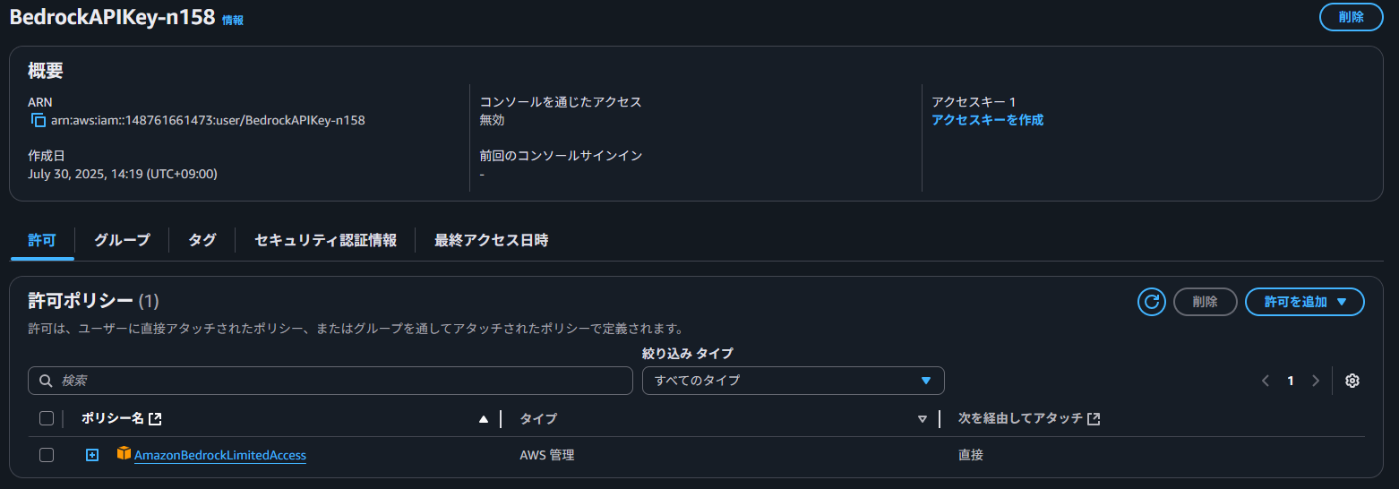 IAMユーザーのポリシー画面