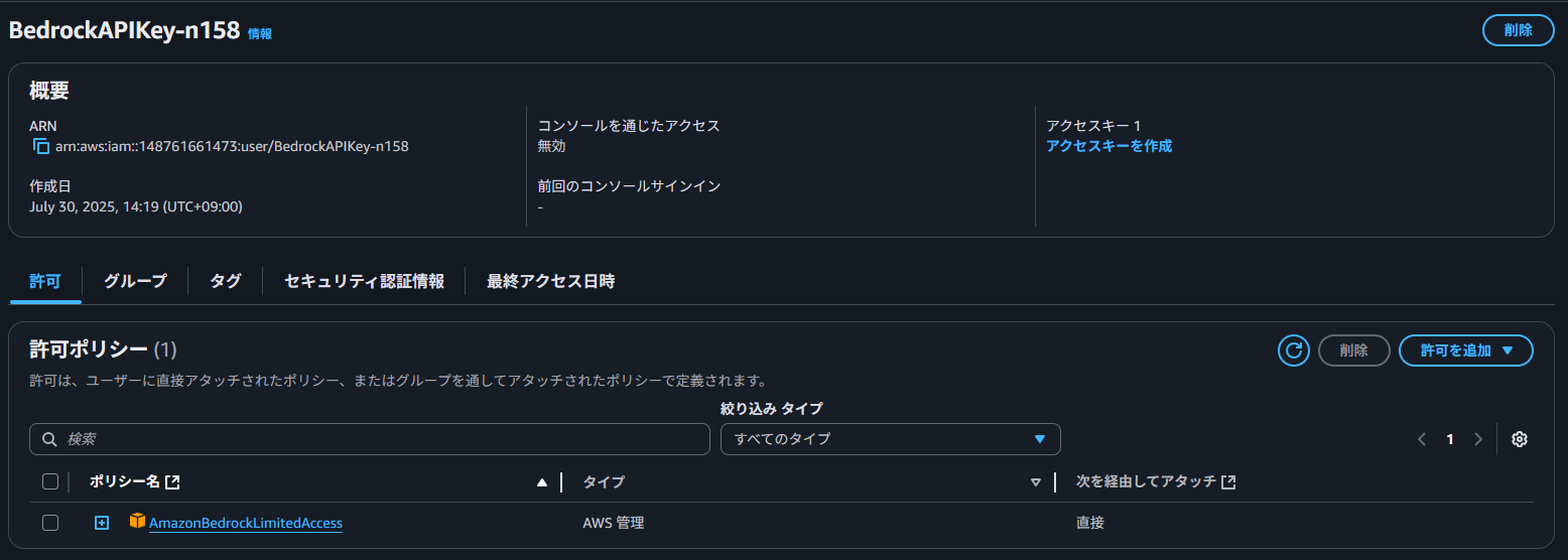 APIキーIAMユーザーのポリシー画面