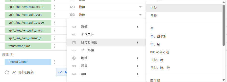 データ型選択とフィールド設定