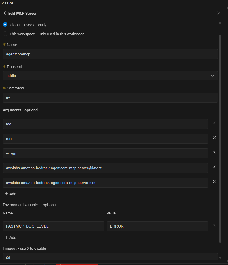 VS CodeのMCPサーバーの編集画面