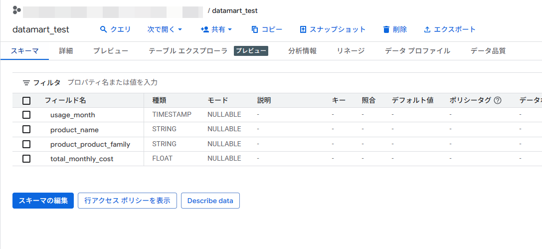 データマートテーブルのBigQueryのスキーマ情報