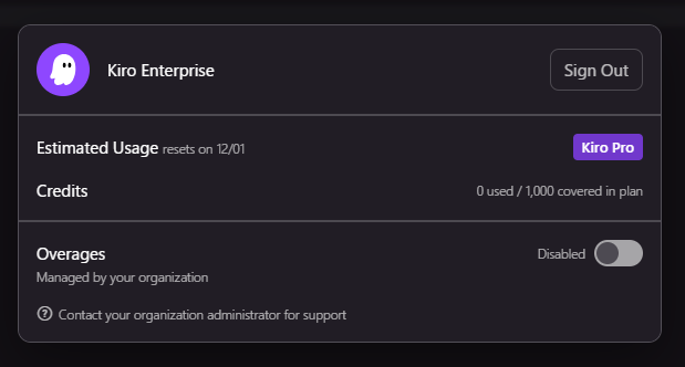 Kiro Enterpriseのアカウント情報画面