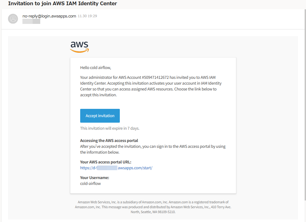 AWS IAM Identity Centerへの招待メール
