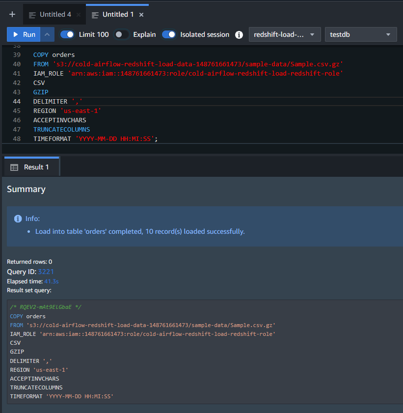 S3からデータをロードするCOPY文の実行結果