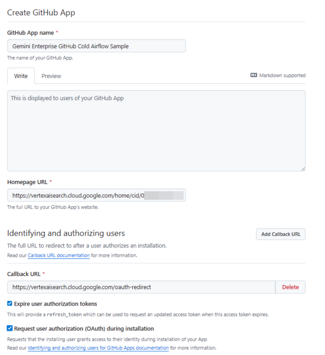 GitHub Appの作成画面