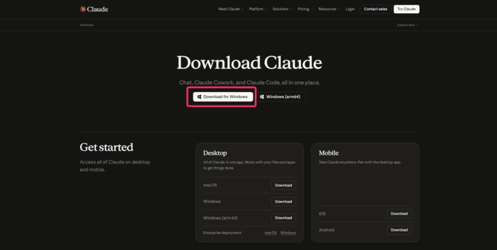 Claude の公式ダウンロードページ(Download for Windows ボタンを選択)