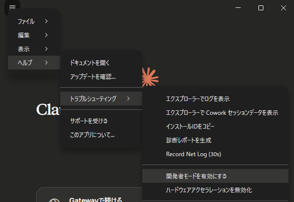 ハンバーガーメニューの「ヘルプ」→「トラブルシューティング」から「開発者モードを有効にする」を選択