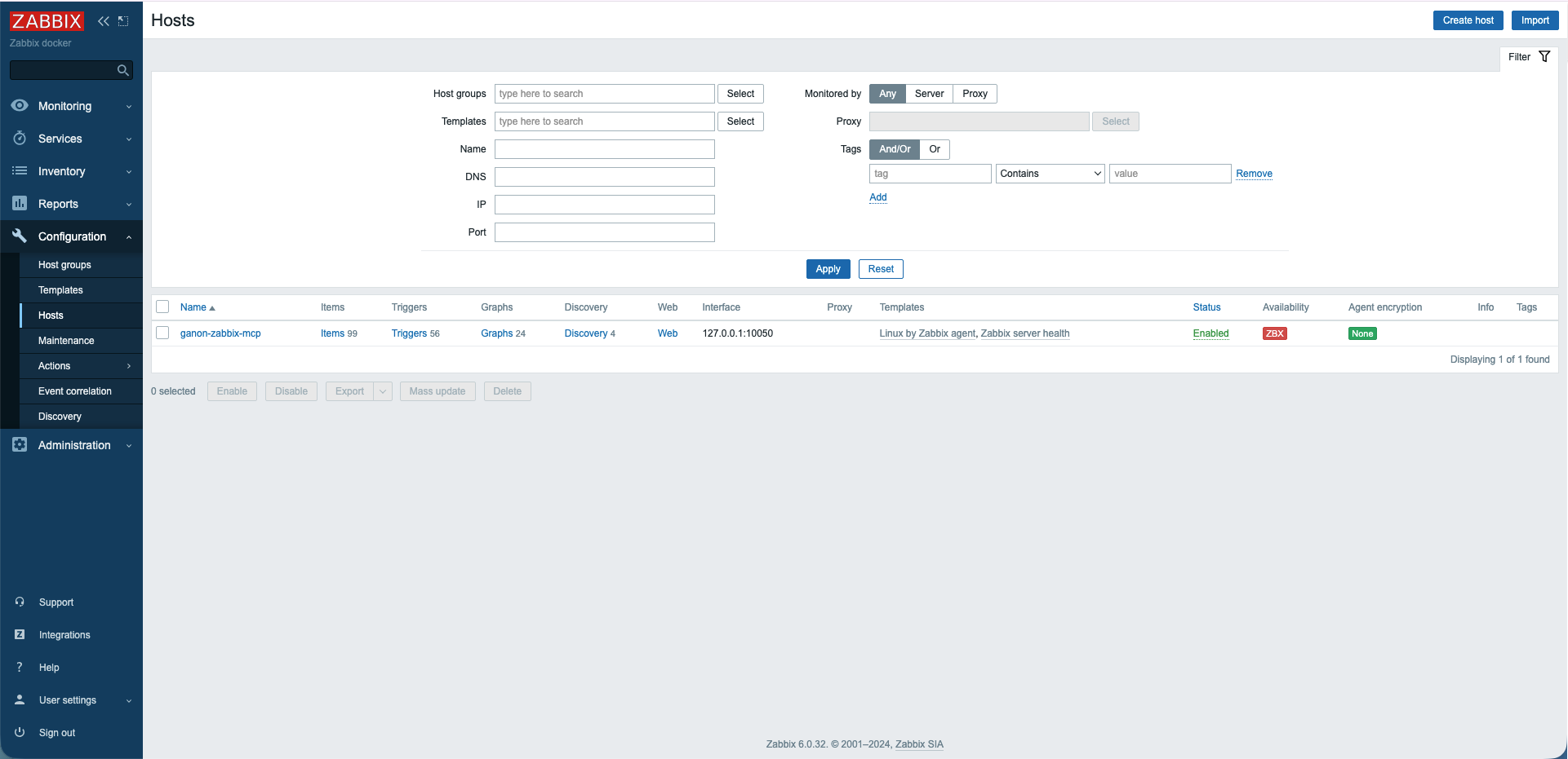 DevOps Agentでホスト一覧を取得している動作確認画面