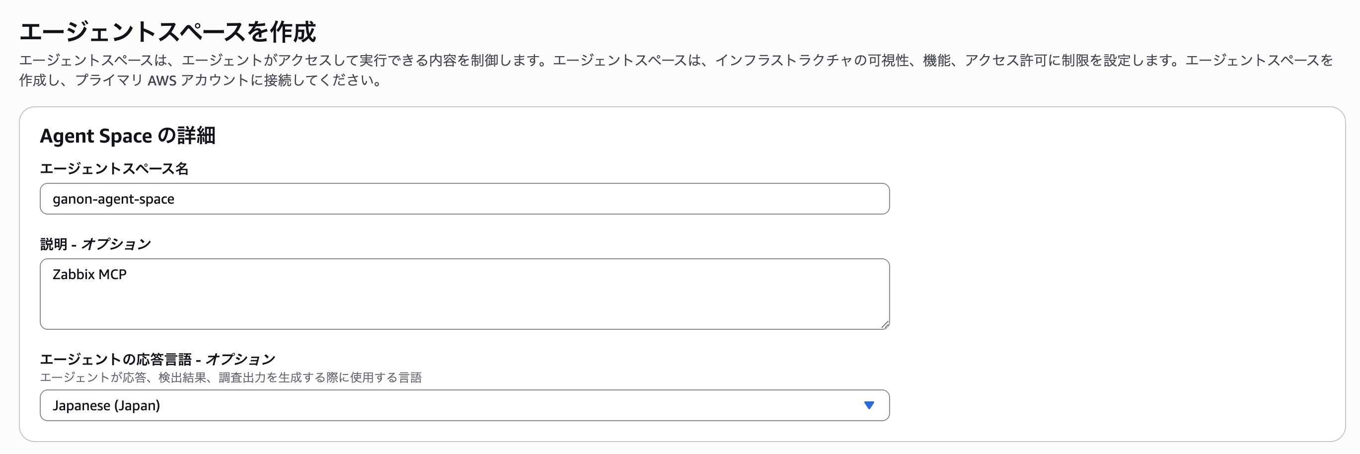 AWS DevOps Agentの名前・言語・ロール設定画面